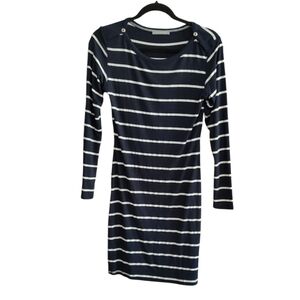 Loveappella Navy and White Striped Long Sleeve Dress